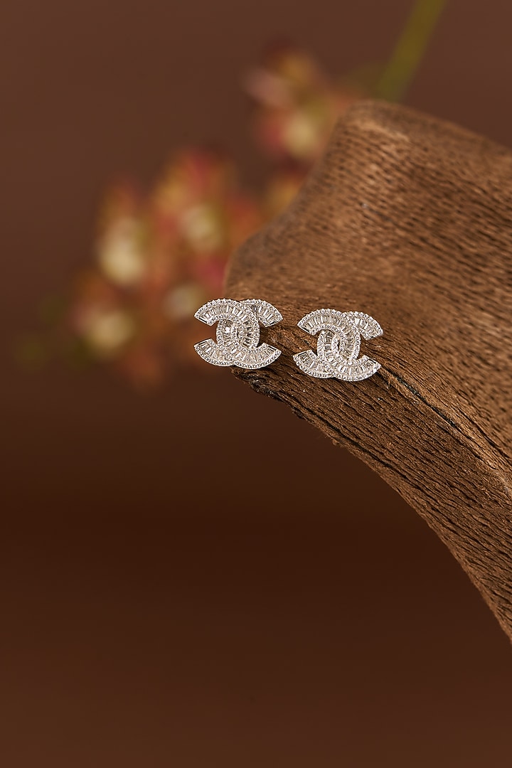 White Finish Zircon Stud Earrings In Sterling Silver by STELLA CREATIONS at Pernia's Pop Up Shop