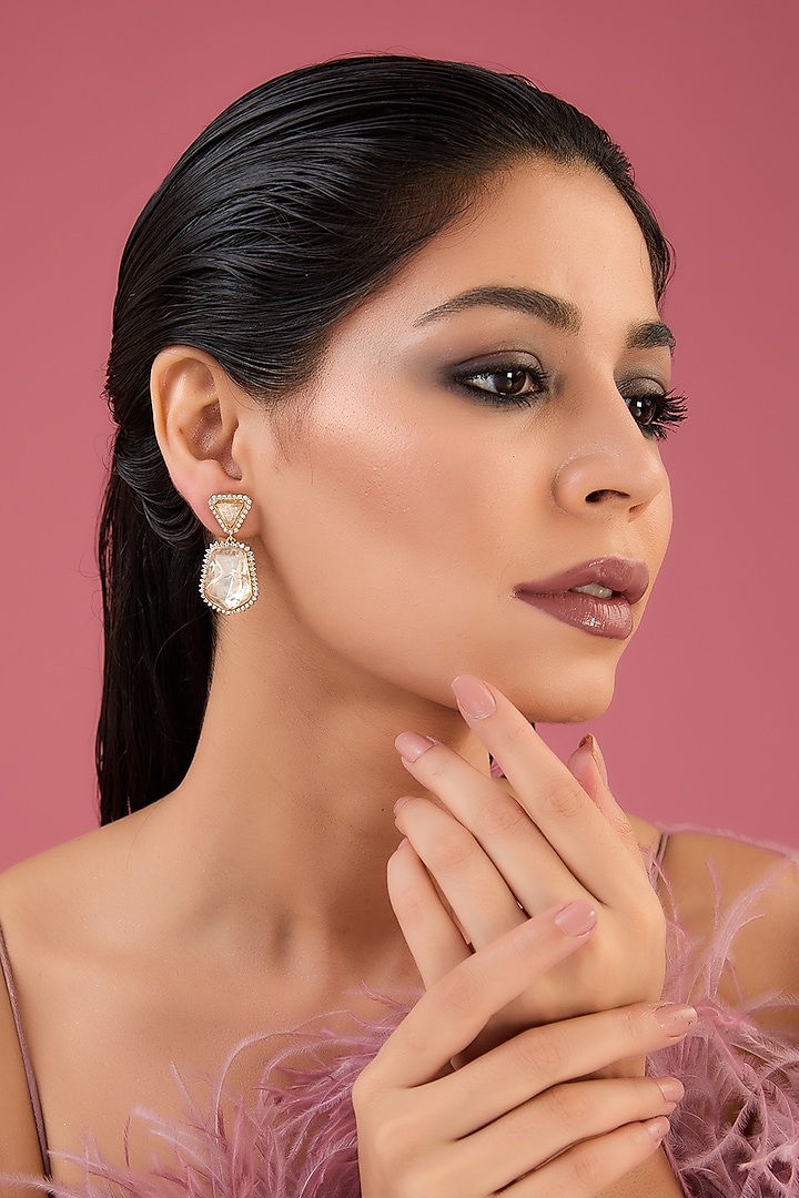 Gold Finish Moissanite Polki & CZ Dangler Earrings In Sterling Silver by STELLA CREATIONS at Pernia's Pop Up Shop