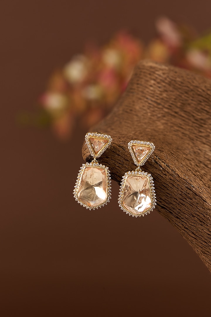 Gold Finish Moissanite Polki & CZ Dangler Earrings In Sterling Silver by STELLA CREATIONS at Pernia's Pop Up Shop