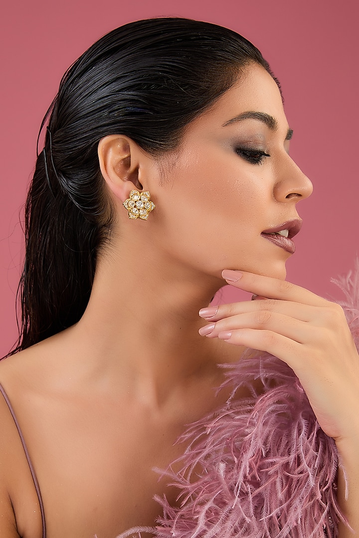 Gold Finish Moissanite Polki Stud Earrings In Sterling Silver by STELLA CREATIONS at Pernia's Pop Up Shop