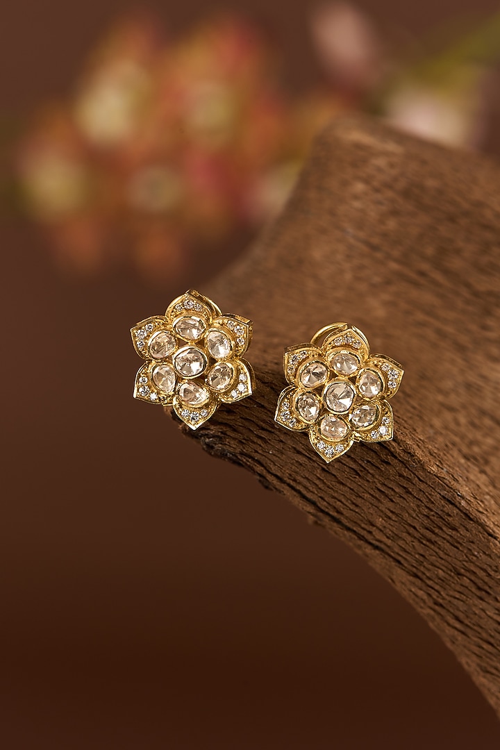 Gold Finish Moissanite Polki Stud Earrings In Sterling Silver by STELLA CREATIONS at Pernia's Pop Up Shop