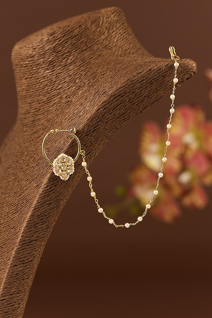 Gold Finish Moissanite Polki & Freshwater Pearl Nose Ring In Sterling Silver by STELLA CREATIONS at Pernia's Pop Up Shop