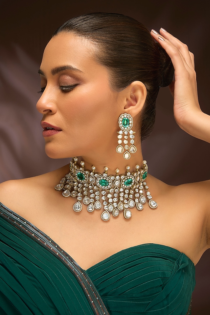 Oxidised Gold Finish Moissanite Polki & Emerald Choker Necklace Set In Sterling Silver by STELLA CREATIONS at Pernia's Pop Up Shop