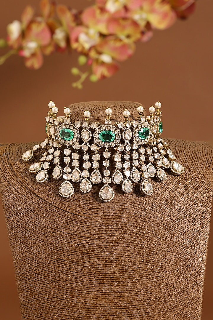 Oxidised Gold Finish Moissanite Polki & Emerald Choker Necklace Set In Sterling Silver by STELLA CREATIONS at Pernia's Pop Up Shop