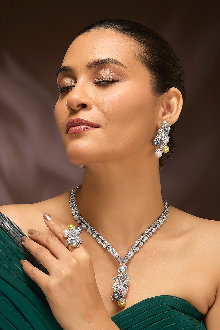 White Gold Finish Freshwater Pearl & Eurostar Long Necklace Set In Sterling Silver by STELLA CREATIONS at Pernia's Pop Up Shop
