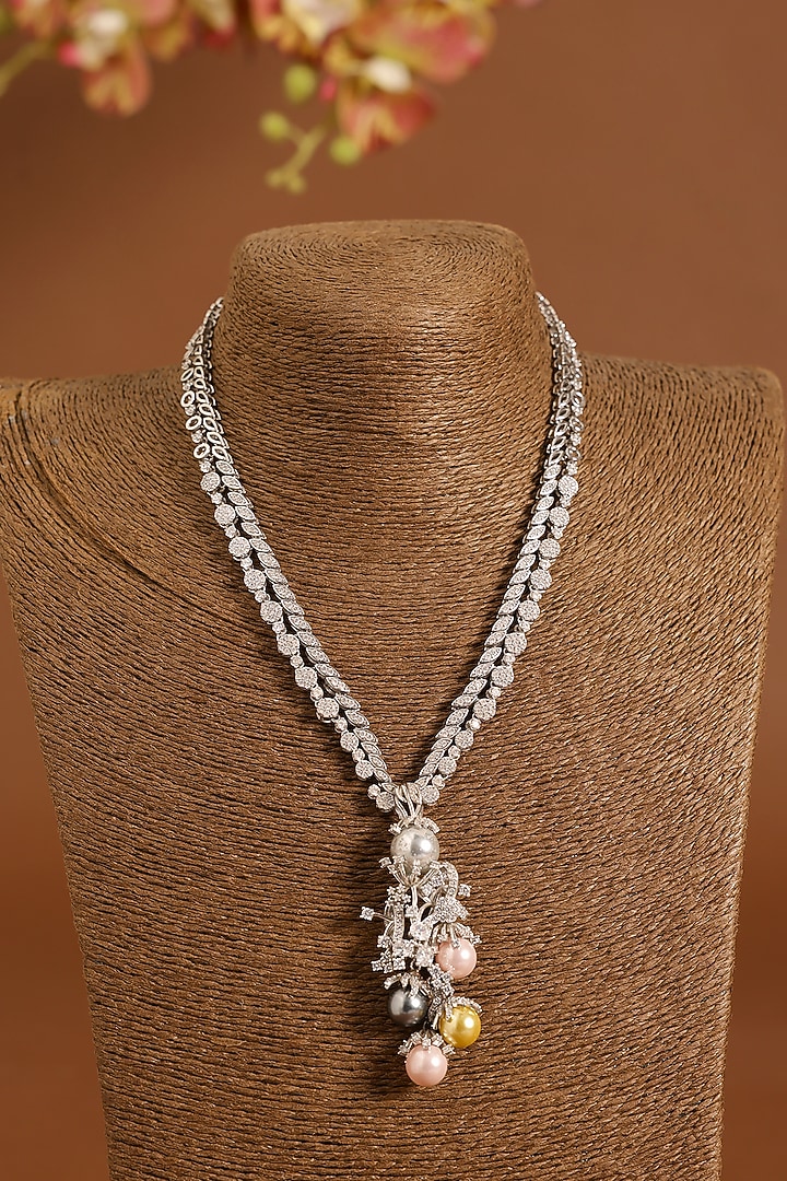 White Gold Finish Freshwater Pearl & Eurostar Long Necklace Set In Sterling Silver by STELLA CREATIONS at Pernia's Pop Up Shop