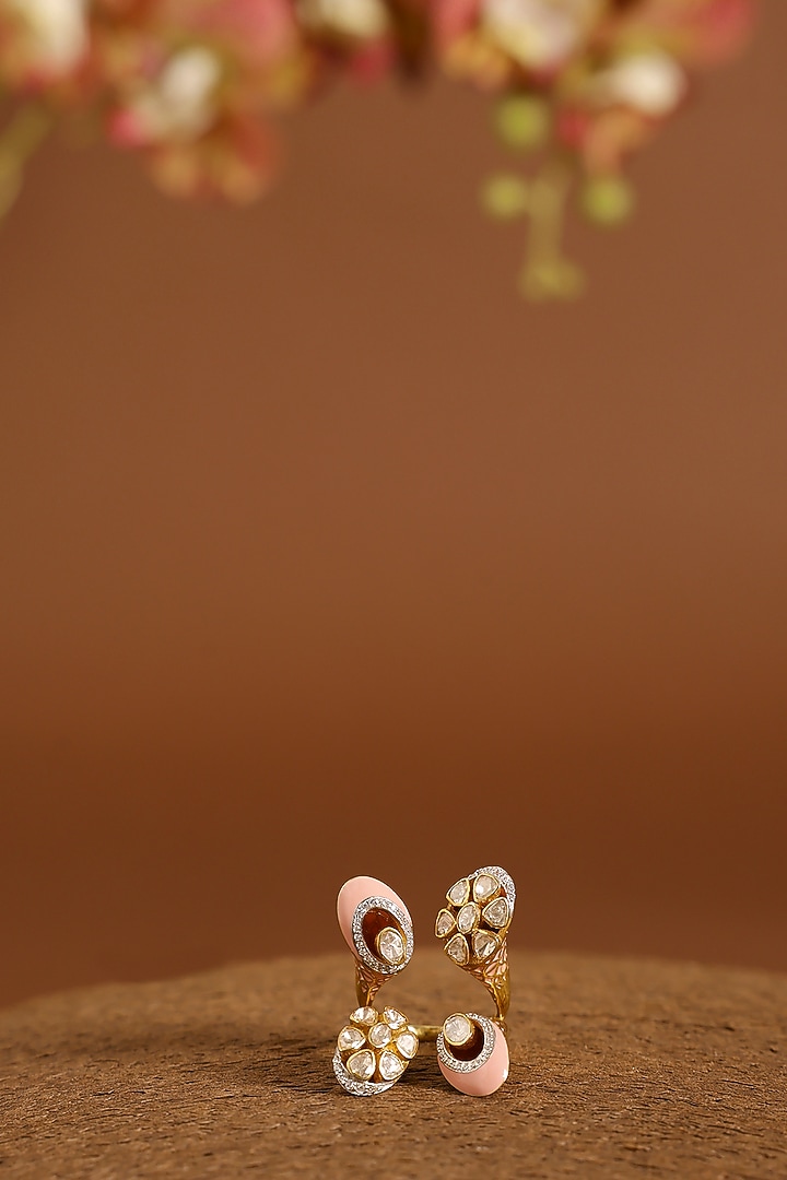 Yellow Gold Finish Moissanite Polki & Swarovski Enameled Ring In Sterling Silver by STELLA CREATIONS at Pernia's Pop Up Shop
