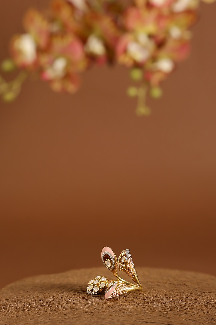 Yellow Gold Finish Moissanite Polki & Swarovski Enameled Ring In Sterling Silver by STELLA CREATIONS at Pernia's Pop Up Shop