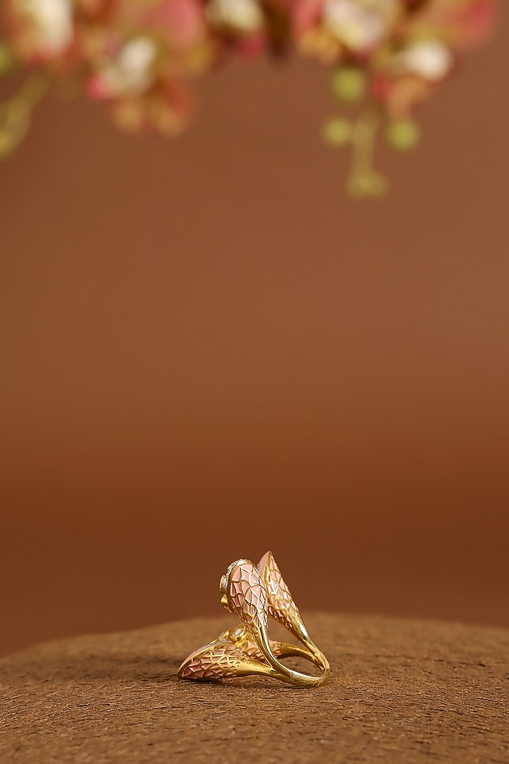 Yellow Gold Finish Moissanite Polki & Swarovski Enameled Ring In Sterling Silver by STELLA CREATIONS at Pernia's Pop Up Shop