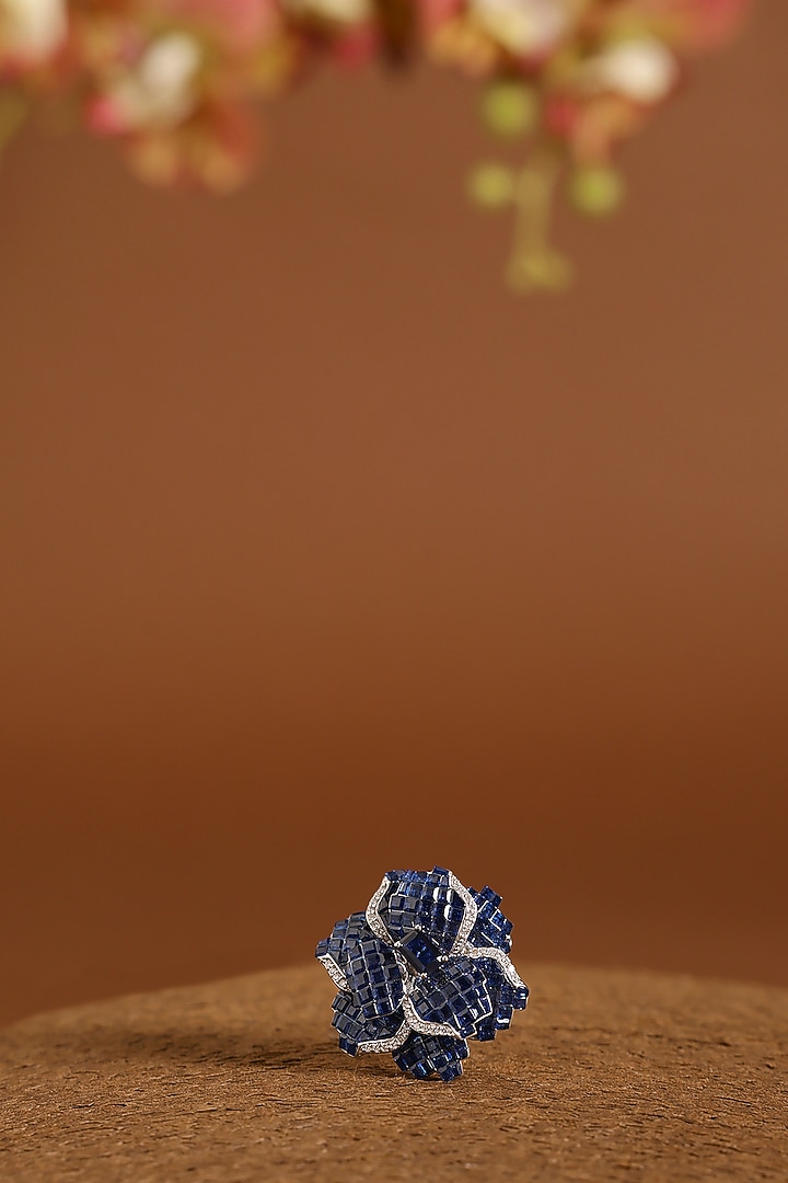 White Gold Finish Swarovski & Sapphire Ring In Sterling Silver by STELLA CREATIONS at Pernia's Pop Up Shop