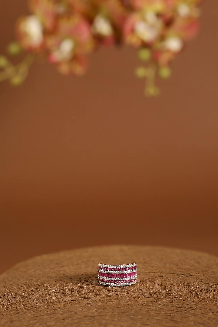 White Gold Finish Swarovski & Ruby Ring In Sterling Silver by STELLA CREATIONS at Pernia's Pop Up Shop