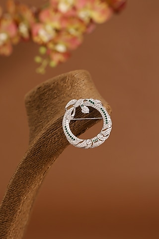 White Gold Finish Swarovski & Emerald Brooch Cum Pendant In Sterling Silver by STELLA CREATIONS