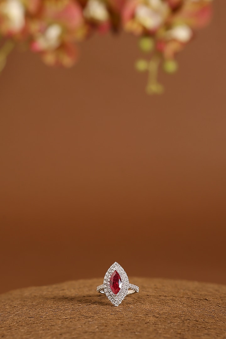 White Gold Finish Swarovski & Ruby Ring In Sterling Silver by STELLA CREATIONS at Pernia's Pop Up Shop