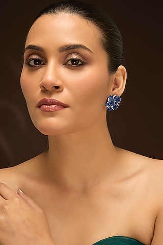White Gold Finish Swarovski & Sapphire Stud Earrings In Sterling Silver by STELLA CREATIONS