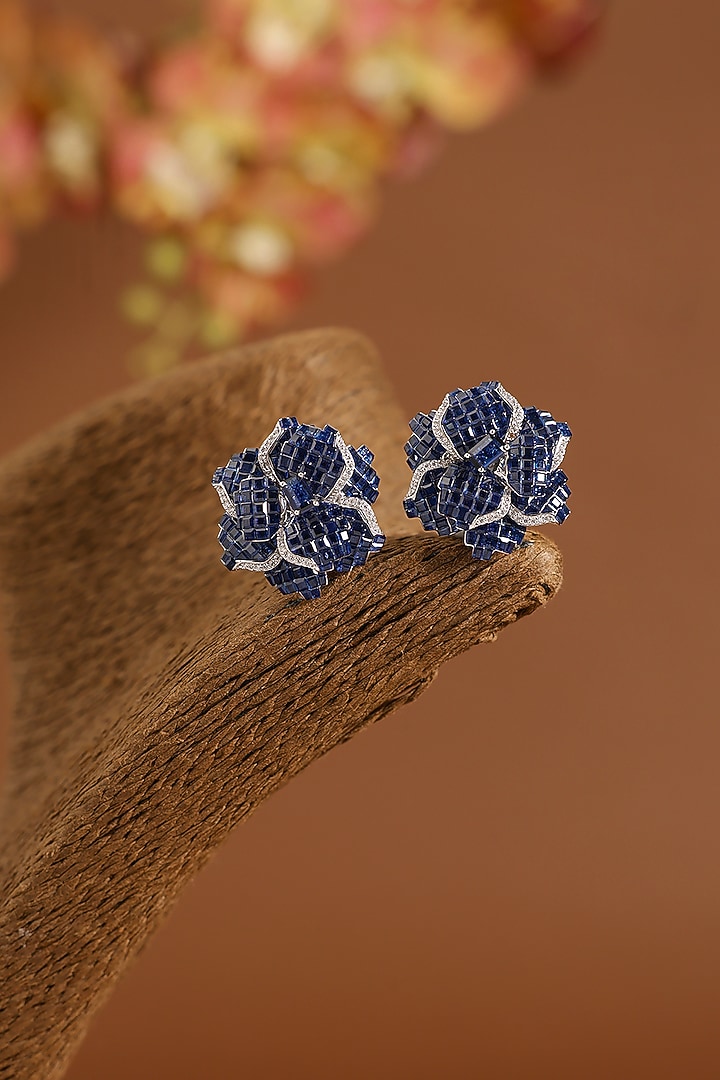 White Gold Finish Swarovski & Sapphire Stud Earrings In Sterling Silver by STELLA CREATIONS at Pernia's Pop Up Shop