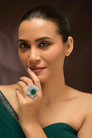 White Gold Finish Swarovski & Emerald Ring In Sterling Silver by STELLA CREATIONS