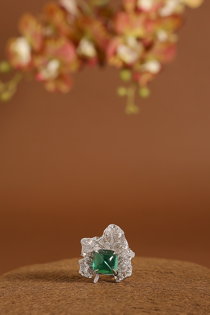 White Gold Finish Swarovski & Emerald Ring In Sterling Silver by STELLA CREATIONS at Pernia's Pop Up Shop