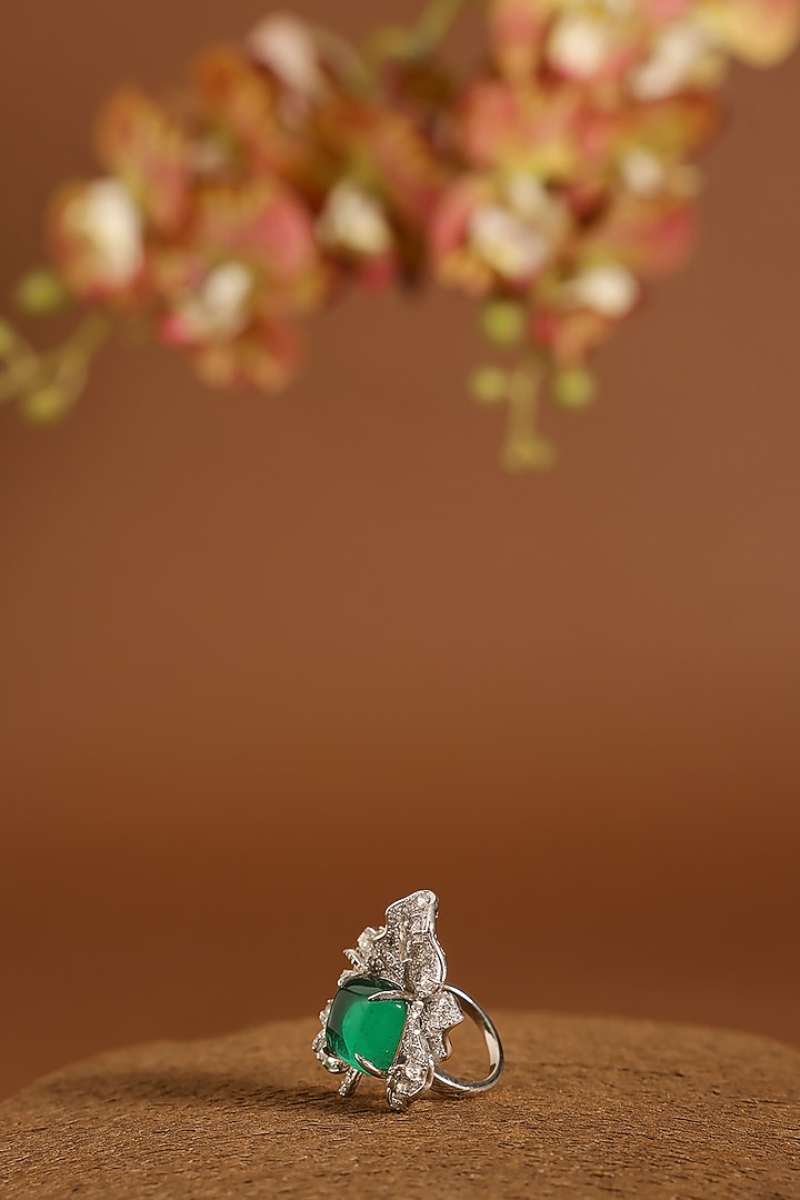 White Gold Finish Swarovski & Emerald Ring In Sterling Silver by STELLA CREATIONS at Pernia's Pop Up Shop