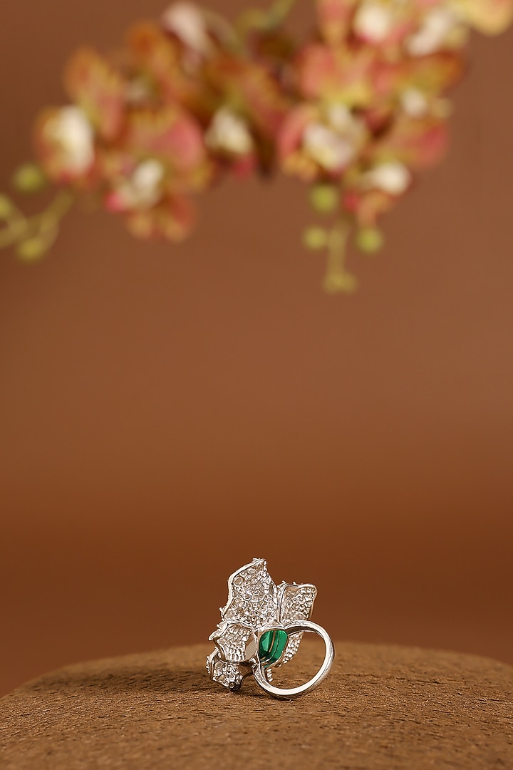 White Gold Finish Swarovski & Emerald Ring In Sterling Silver by STELLA CREATIONS at Pernia's Pop Up Shop
