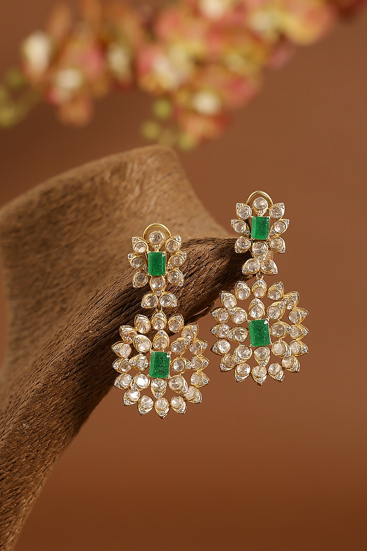 Yellow Gold Finish Moissanite Polki & Emerald Dangler Earrings In Sterling Silver by STELLA CREATIONS at Pernia's Pop Up Shop