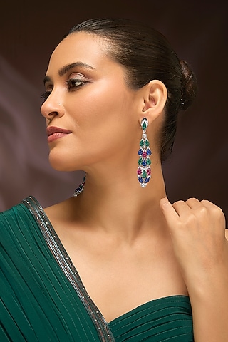 White Gold Finish Swarovski & Emerald Dangler Earrings In Sterling Silver by STELLA CREATIONS