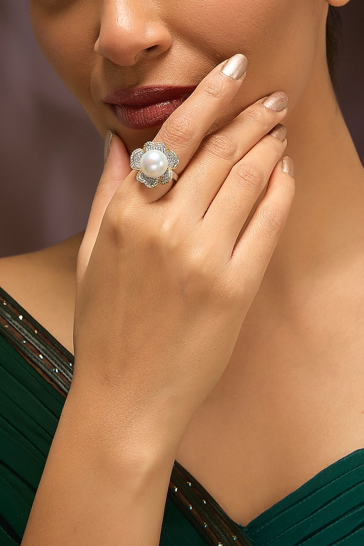 White Gold Finish Swarovski & Pearl Ring In Sterling Silver by STELLA CREATIONS at Pernia's Pop Up Shop