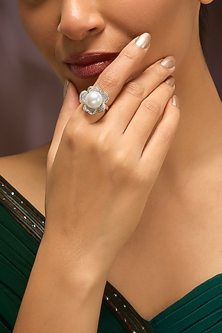 White Gold Finish Swarovski & Pearl Ring In Sterling Silver by STELLA CREATIONS