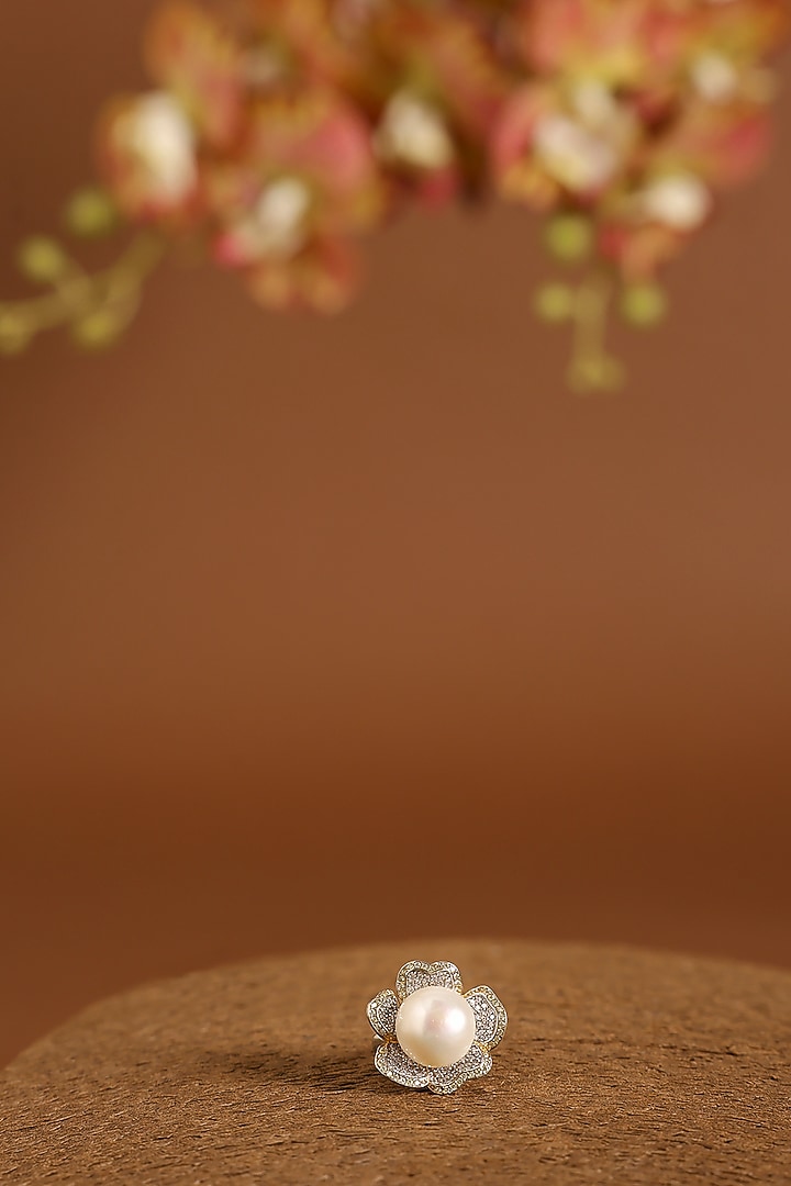 White Gold Finish Swarovski & Pearl Ring In Sterling Silver by STELLA CREATIONS at Pernia's Pop Up Shop