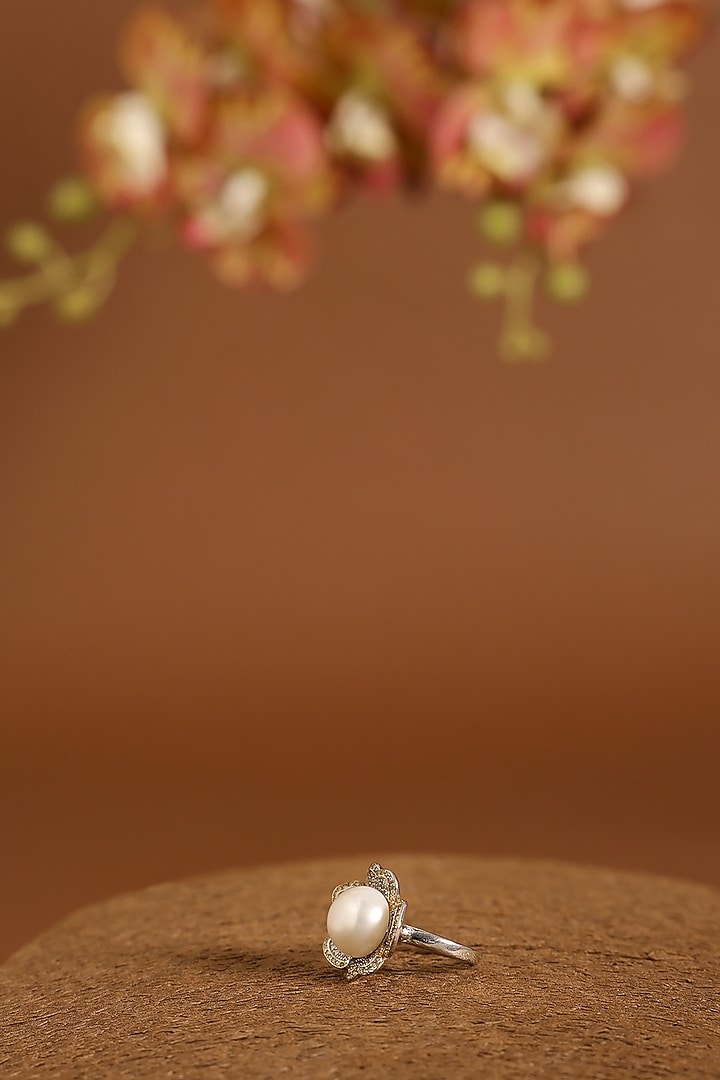 White Gold Finish Swarovski & Pearl Ring In Sterling Silver by STELLA CREATIONS at Pernia's Pop Up Shop