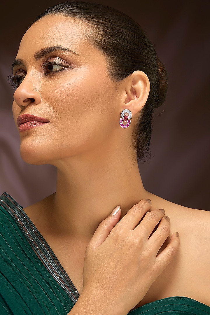 White Gold Finish Swarovski & Ruby Stud Earrings In Sterling Silver by STELLA CREATIONS at Pernia's Pop Up Shop