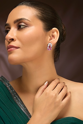 White Gold Finish Swarovski & Ruby Stud Earrings In Sterling Silver by STELLA CREATIONS