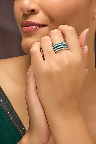 White Gold Finish Swarovski & Emerald Ring In Sterling Silver by STELLA CREATIONS