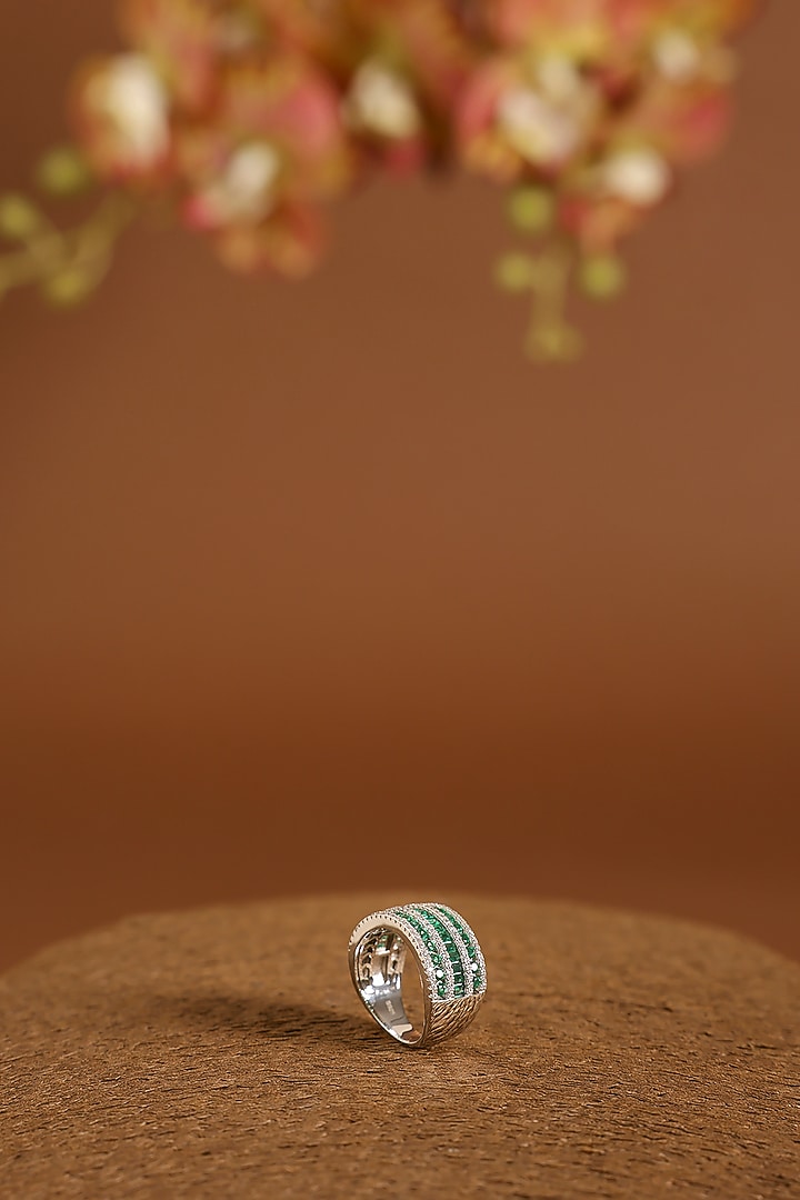 White Gold Finish Swarovski & Emerald Ring In Sterling Silver by STELLA CREATIONS at Pernia's Pop Up Shop