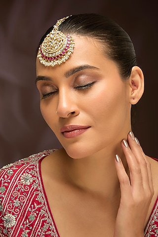 Yellow Gold Finish Moissanite Polki & Pearl Maangtikka In Sterling Silver by STELLA CREATIONS