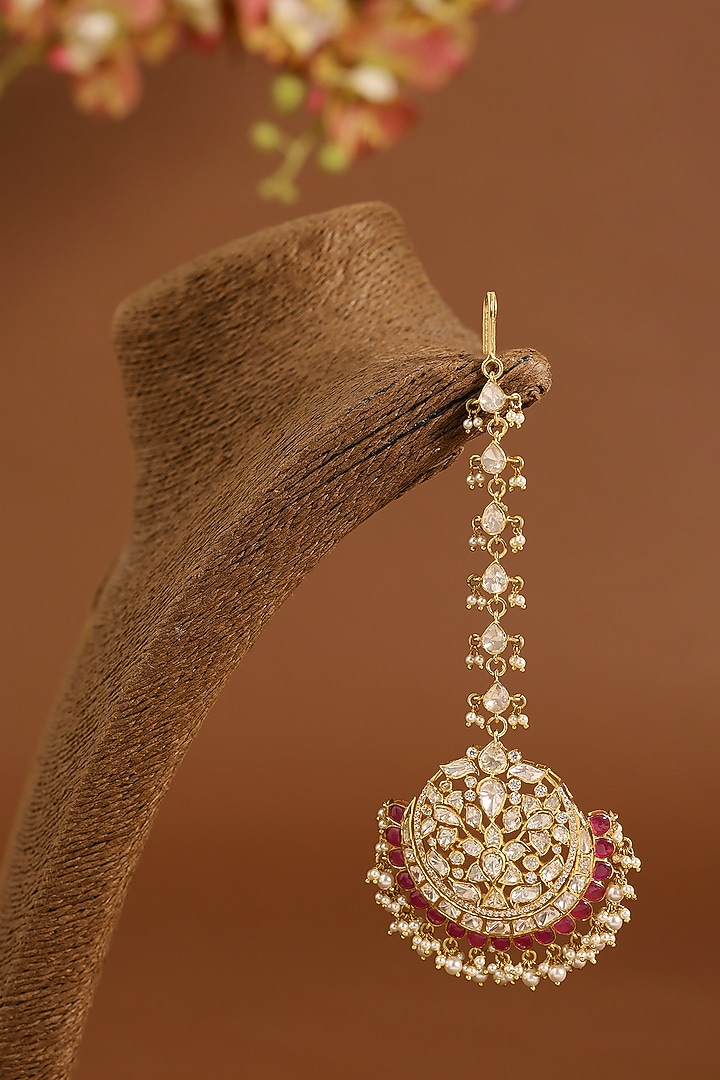 Yellow Gold Finish Moissanite Polki & Pearl Maangtikka In Sterling Silver by STELLA CREATIONS at Pernia's Pop Up Shop