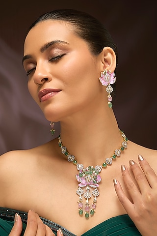 Yellow Gold Finish Moissanite Polki & Swarovski Pink Enameled Necklace Set In Sterling Silver by STELLA CREATIONS