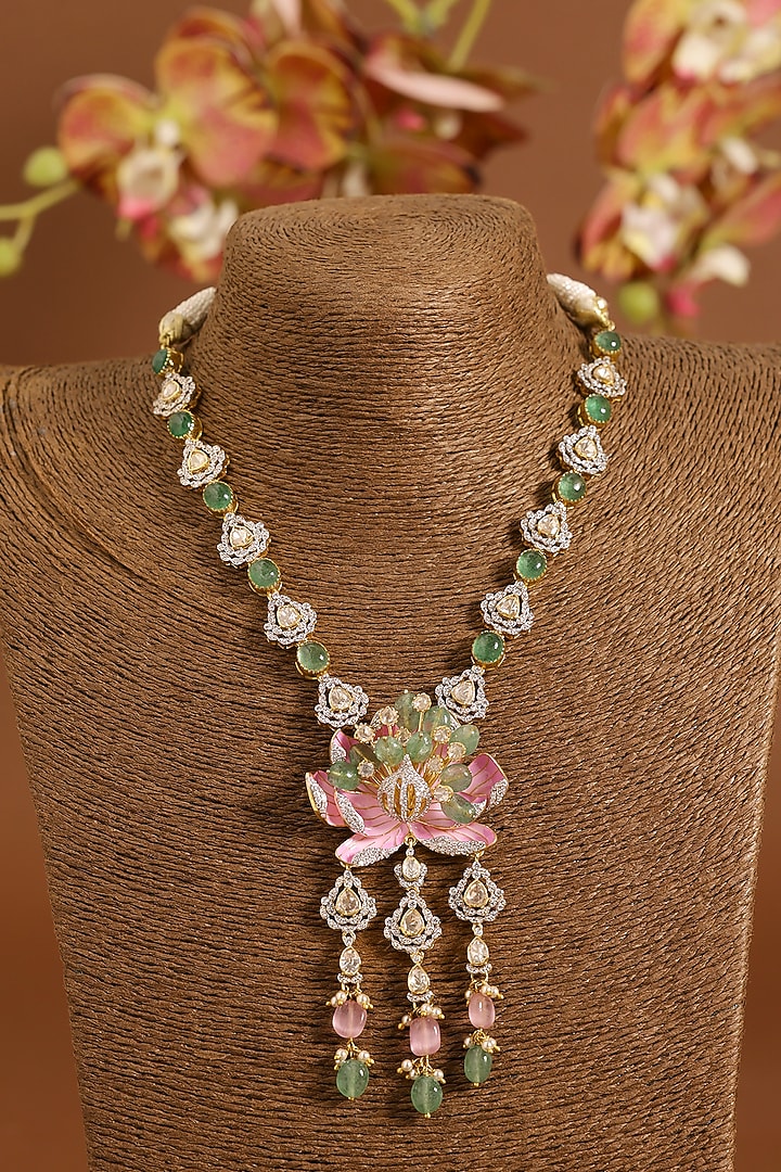 Yellow Gold Finish Moissanite Polki & Swarovski Pink Enameled Necklace Set In Sterling Silver by STELLA CREATIONS at Pernia's Pop Up Shop