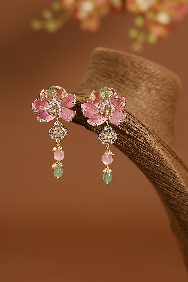 Yellow Gold Finish Moissanite Polki & Swarovski Pink Enameled Necklace Set In Sterling Silver by STELLA CREATIONS at Pernia's Pop Up Shop