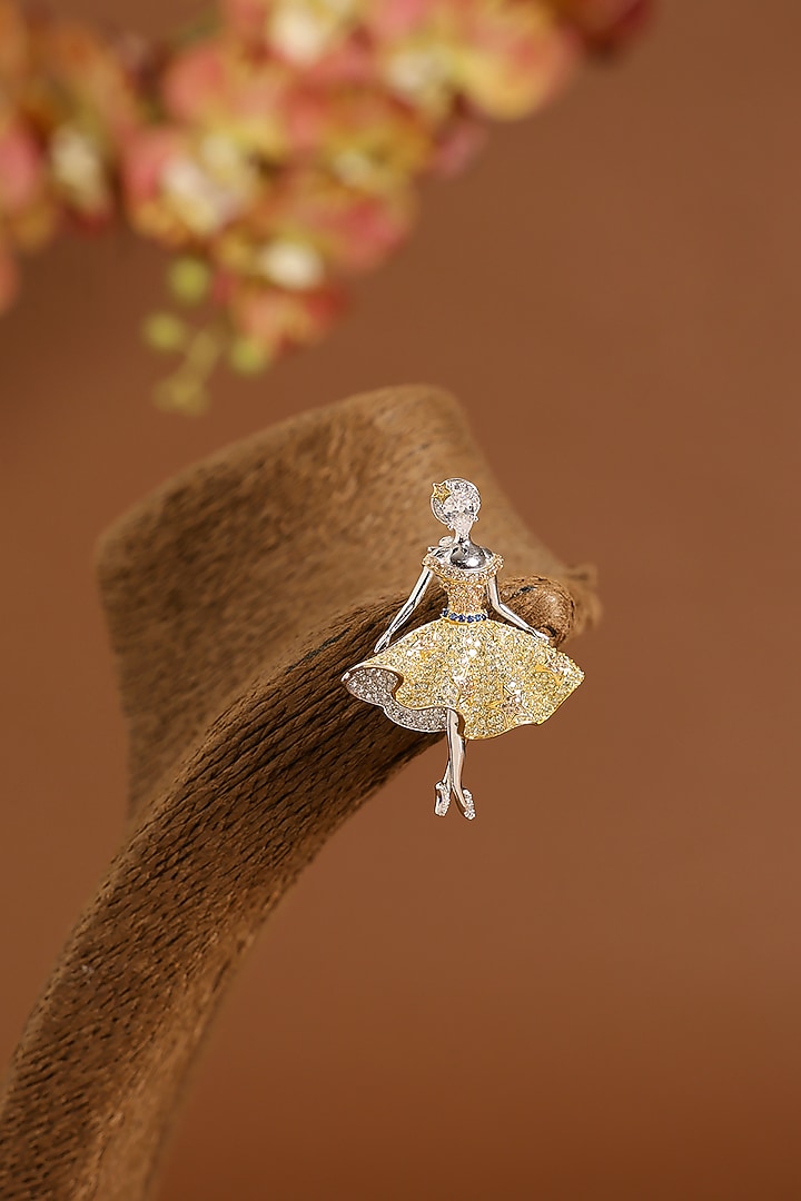 White Gold Finish Swarovski & Yellow Sapphire Brooch Cum Pendant In Sterling Silver by STELLA CREATIONS at Pernia's Pop Up Shop
