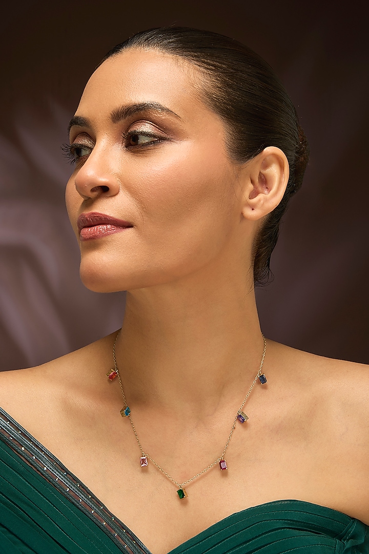 Yellow Gold Finish Ruby & Sapphire Necklace In Sterling Silver by STELLA CREATIONS at Pernia's Pop Up Shop