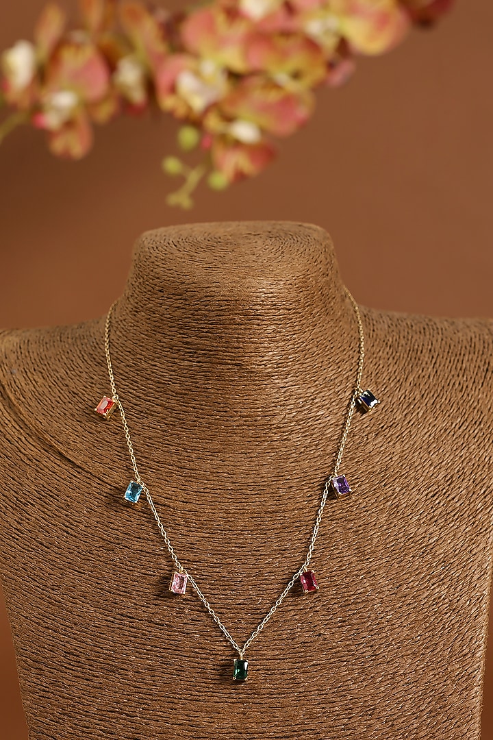 Yellow Gold Finish Ruby & Sapphire Necklace In Sterling Silver by STELLA CREATIONS at Pernia's Pop Up Shop