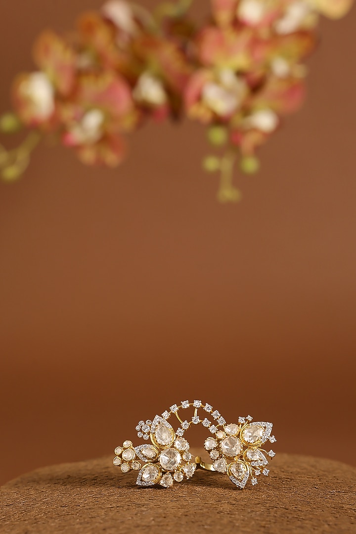 Yellow Gold Finish Swarovski & Polki Ring In Sterling Silver by STELLA CREATIONS at Pernia's Pop Up Shop
