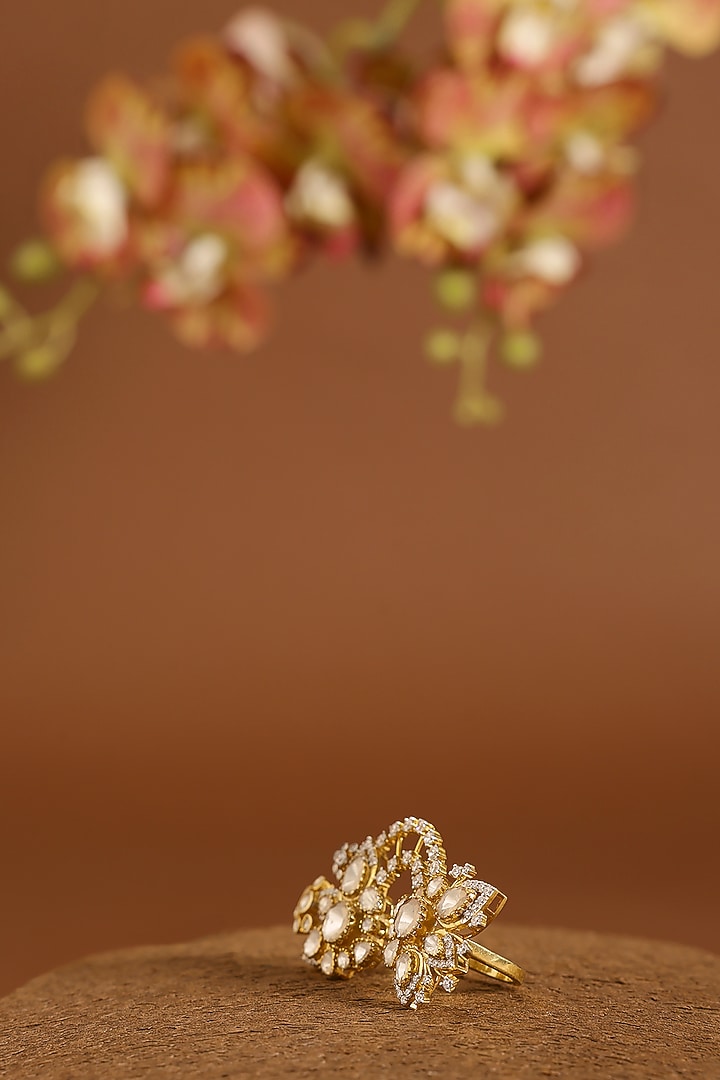 Yellow Gold Finish Swarovski & Polki Ring In Sterling Silver by STELLA CREATIONS at Pernia's Pop Up Shop