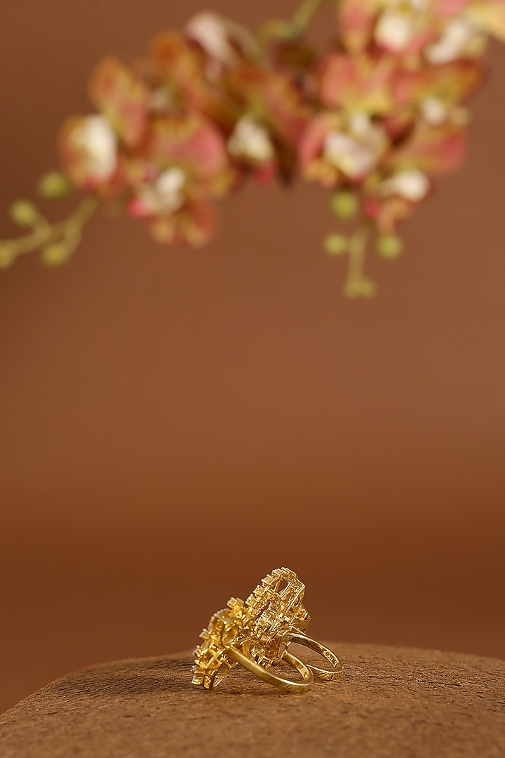 Yellow Gold Finish Swarovski & Polki Ring In Sterling Silver by STELLA CREATIONS at Pernia's Pop Up Shop