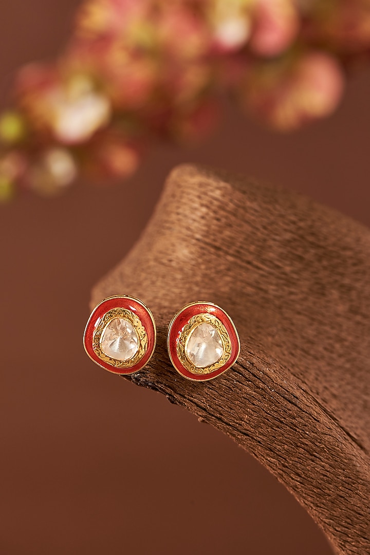 Yellow Gold Finish Moissanite Polki Enameled Stud Earrings In Sterling Silver by STELLA CREATIONS at Pernia's Pop Up Shop