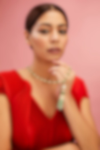 Yellow Gold Finish Moissanite Polki & Emerald Stone Long Necklace In Sterling Silver by STELLA CREATIONS at Pernia's Pop Up Shop