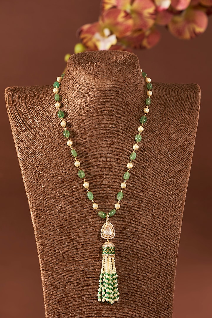 Yellow Gold Finish Moissanite Polki & Emerald Stone Long Necklace In Sterling Silver by STELLA CREATIONS at Pernia's Pop Up Shop