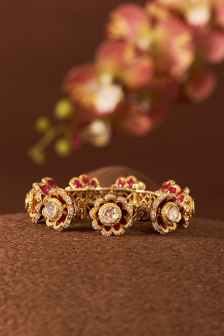 Gold Finish Moissanite Polki Bangle In Sterling Silver by STELLA CREATIONS at Pernia's Pop Up Shop