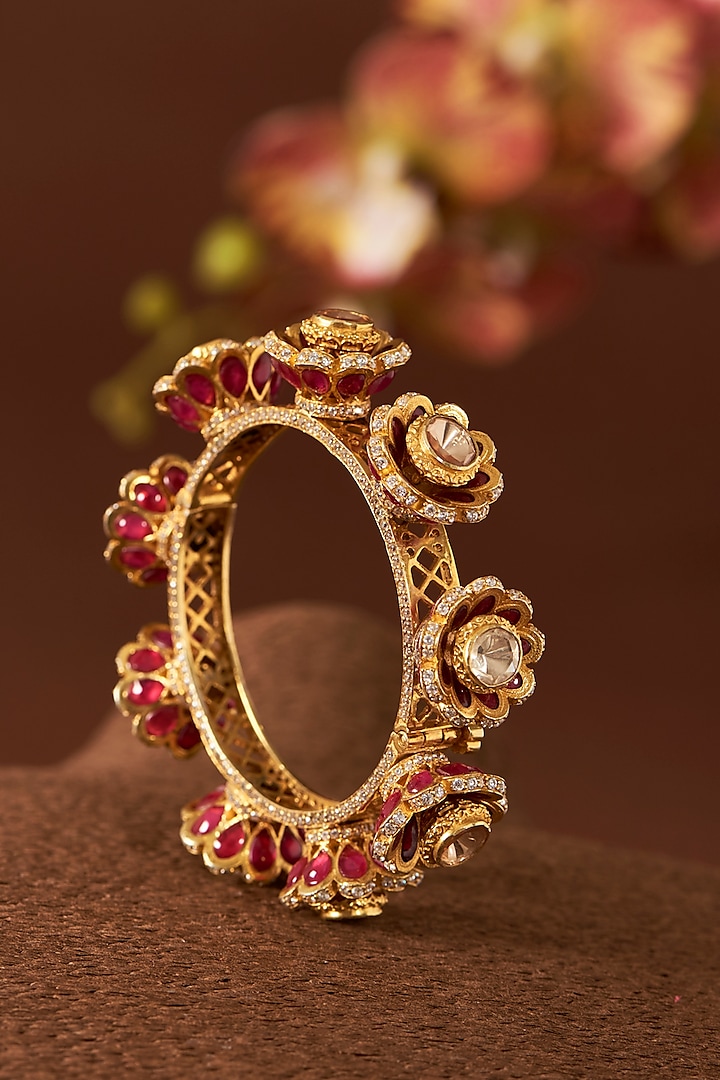 Gold Finish Moissanite Polki Bangle In Sterling Silver by STELLA CREATIONS at Pernia's Pop Up Shop