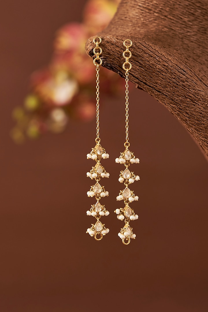 Yellow Gold Finish Moissanite Polki & Freshwater Pearl Earchain In Sterling Silver by STELLA CREATIONS at Pernia's Pop Up Shop
